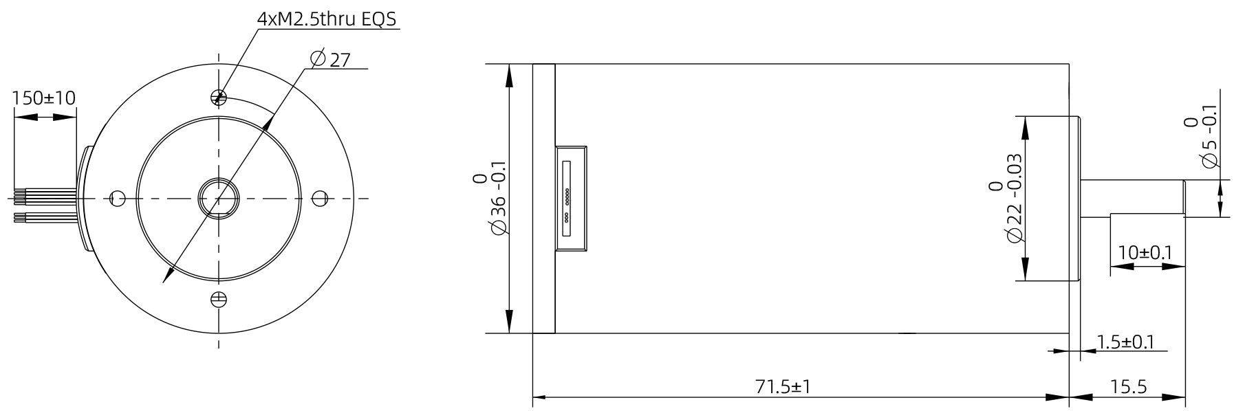 Brushless DC Motor Size 36mm Dimensional Drawing